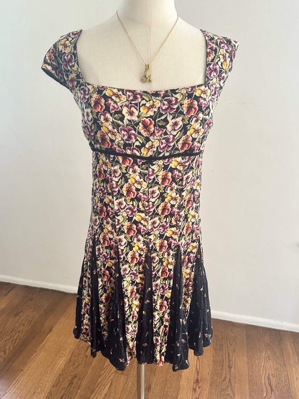 Free People Black Floral Open Back Mini Dress Lace-Up Boho Dress L